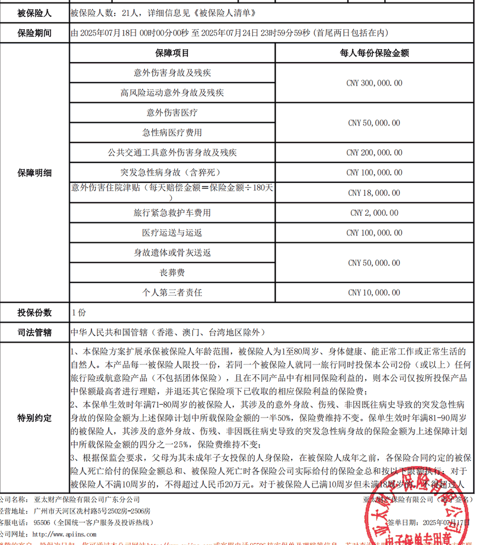 湖北荆钰国际旅行社团队旅游意外险保单保障明细